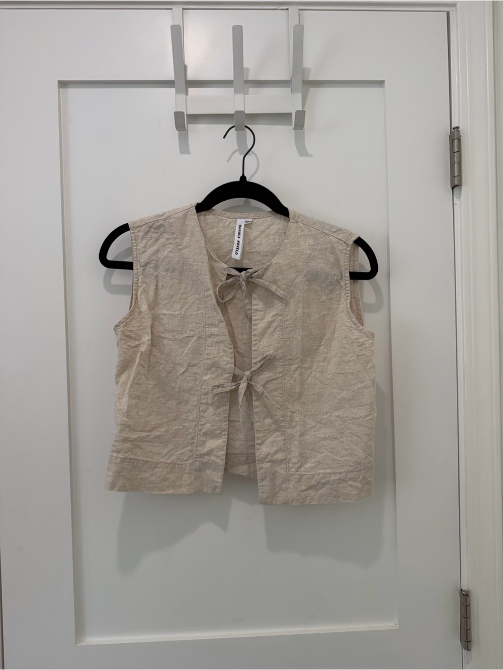 Sleeveless Tie-Front Linen Blend Top in Beige